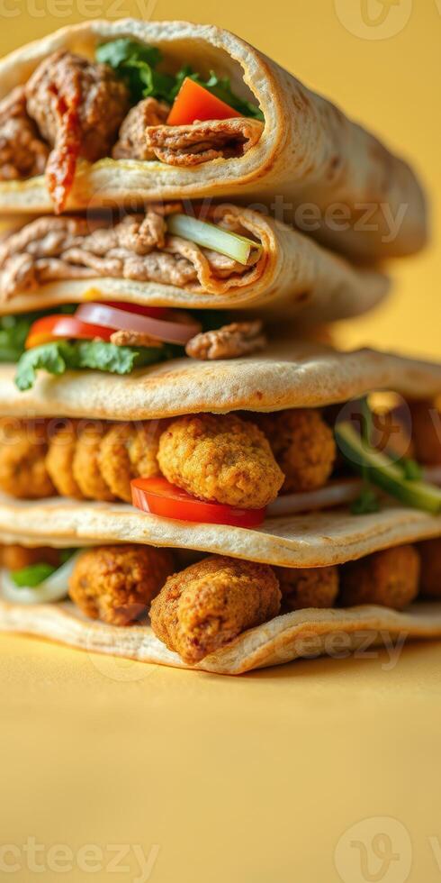 Delicious layered wraps filled with savory ingredients stacked neatly against a bright background photo