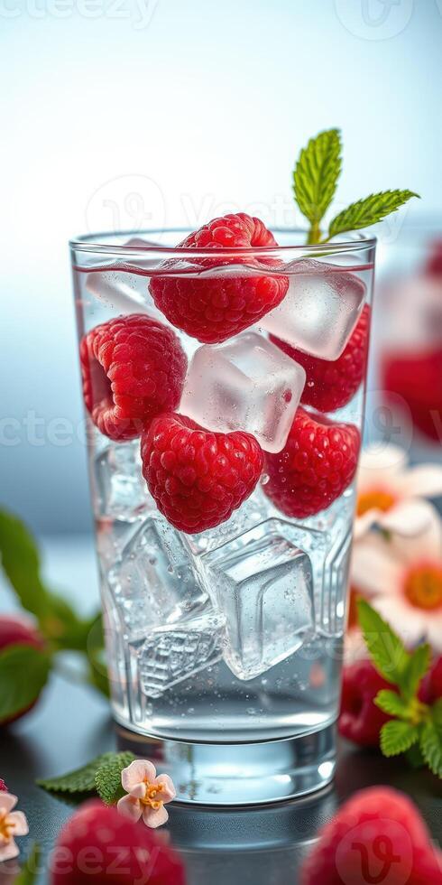 Refreshing raspberry drink with ice cubes garnished with mint leaves in a clear glass photo
