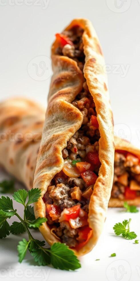 Savory meat wrap filled with vegetables and spices on a bright background photo