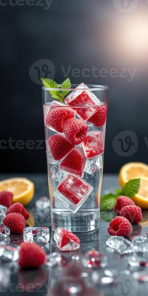 Refreshing raspberry drink with ice and citrus placed on a dark background photo