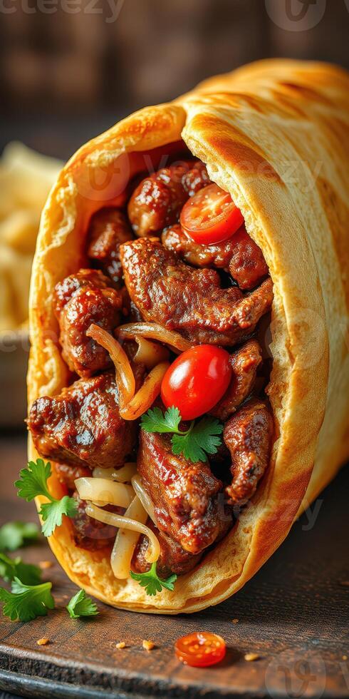 Delicious wrap filled with savory meat, fresh tomatoes, and herbs, served on a wooden table photo
