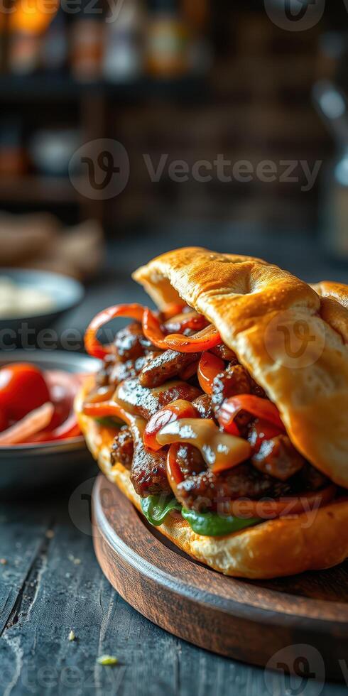 Delicious sandwich with grilled meat, fresh vegetables, and sauce served on a wooden table photo
