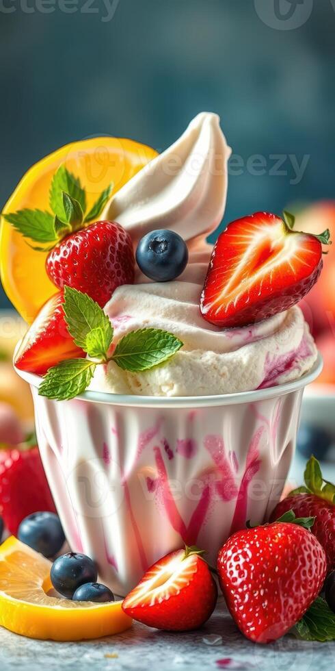 Delicious dessert featuring soft serve ice cream topped with fresh strawberries and blueberries in a vibrant setting photo