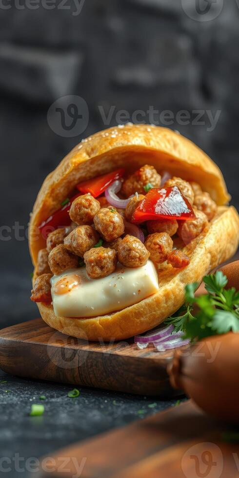 Delicious sandwich filled with crispy chickpeas, fresh vegetables, and creamy sauce on a wooden board photo