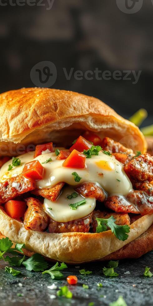Flavorful spicy chicken sandwich with fresh toppings and creamy sauce photo