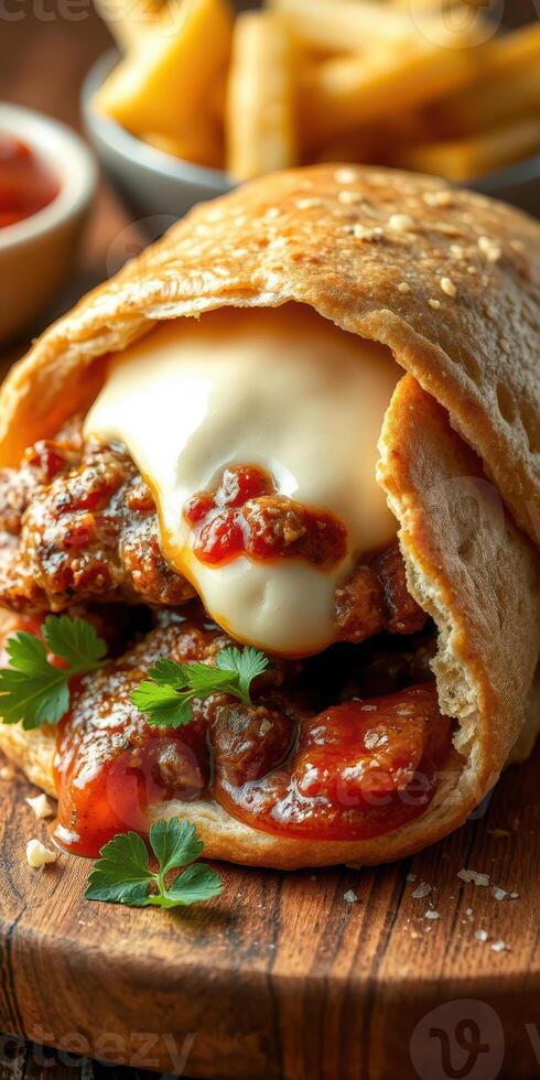 Delicious wrap filled with savory meat, sauce, and creamy topping served with fried potatoes photo