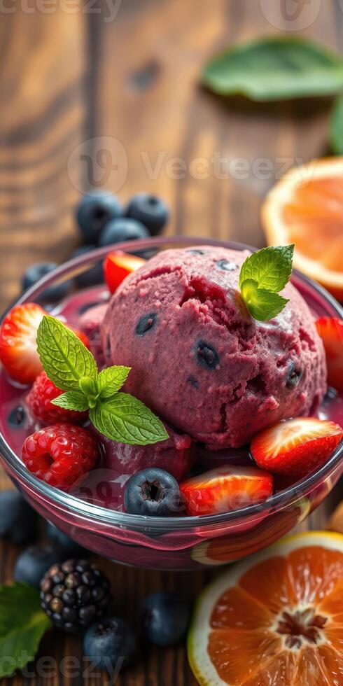 Bright and colorful fruit sorbet topped with fresh berries and mint in a glass bowl on a wooden table photo