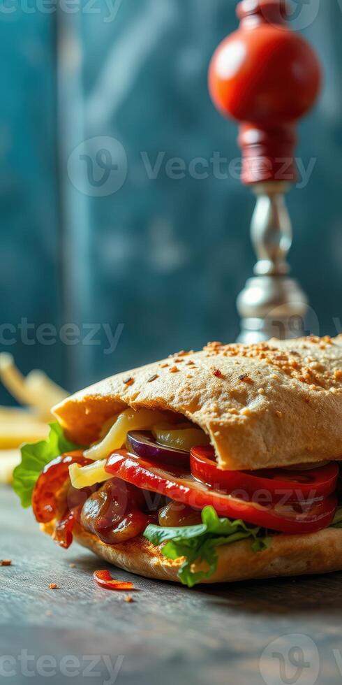 Freshly made sandwich loaded with vegetables and served at a rustic cafe setting photo