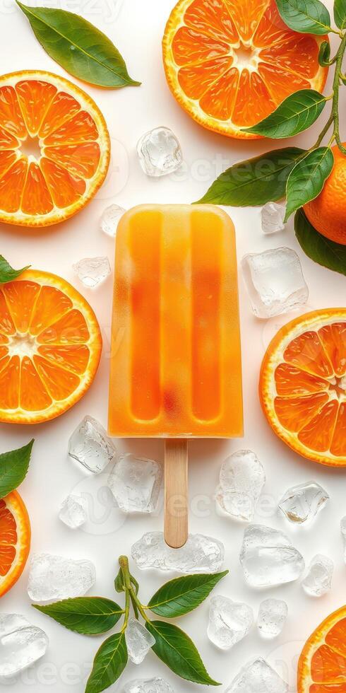 Colorful orange popsicle surrounded by fresh oranges and ice cubes on a white background photo