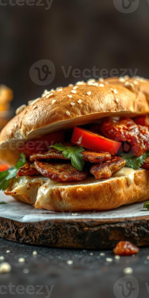 Lively sandwich topped with grilled vegetables and herbs served on a wooden board in a rustic setting photo