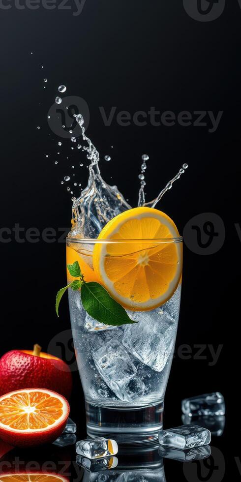Refreshing citrus drink with splashes and fruit garnishes in a clear glass photo