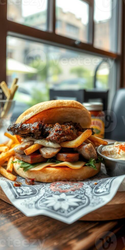 Delicious grilled chicken sandwich served with crispy fries at a cozy eatery during lunchtime photo
