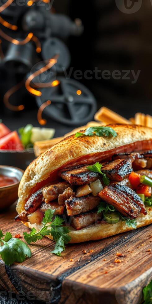 Savory sandwich filled with grilled meat and fresh vegetables served with dipping sauce on a rustic wooden board photo