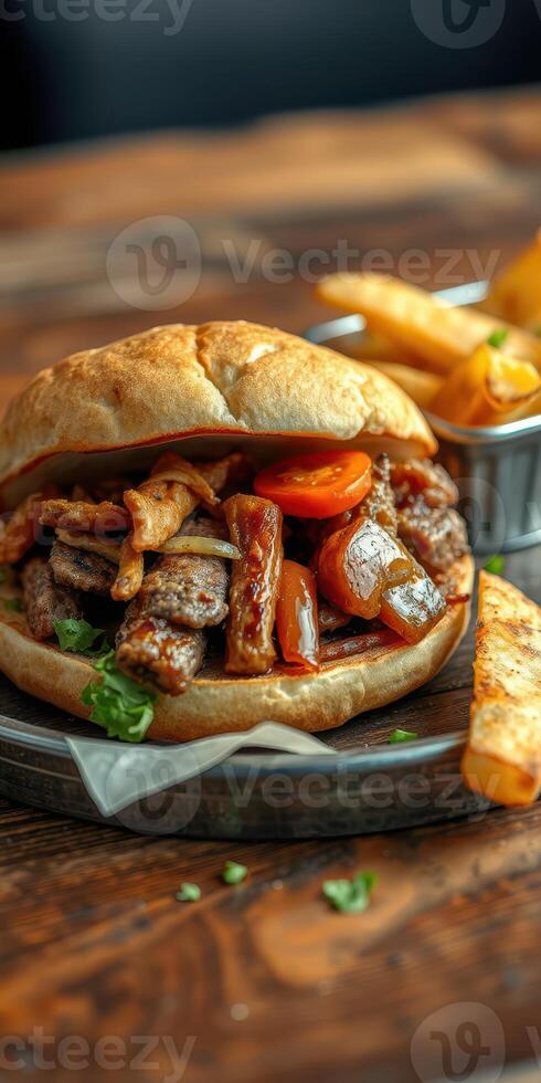 Satisfying sandwich with grilled meat and fresh vegetables served with golden fries on a wooden table photo