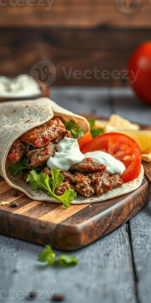 Savory meat wrap with fresh vegetables and sauce served on a wooden cutting board in a cozy setting photo