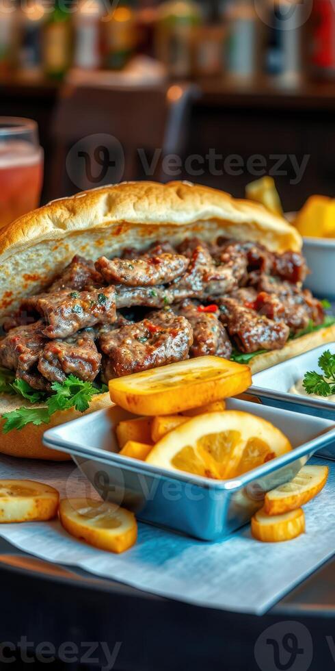Savory sandwich with grilled meat and fries served with lemon slices at a vibrant restaurant photo
