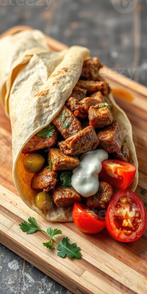 Flavorful wrap filled with seasoned meat, fresh vegetables, and creamy sauce on a wooden board photo