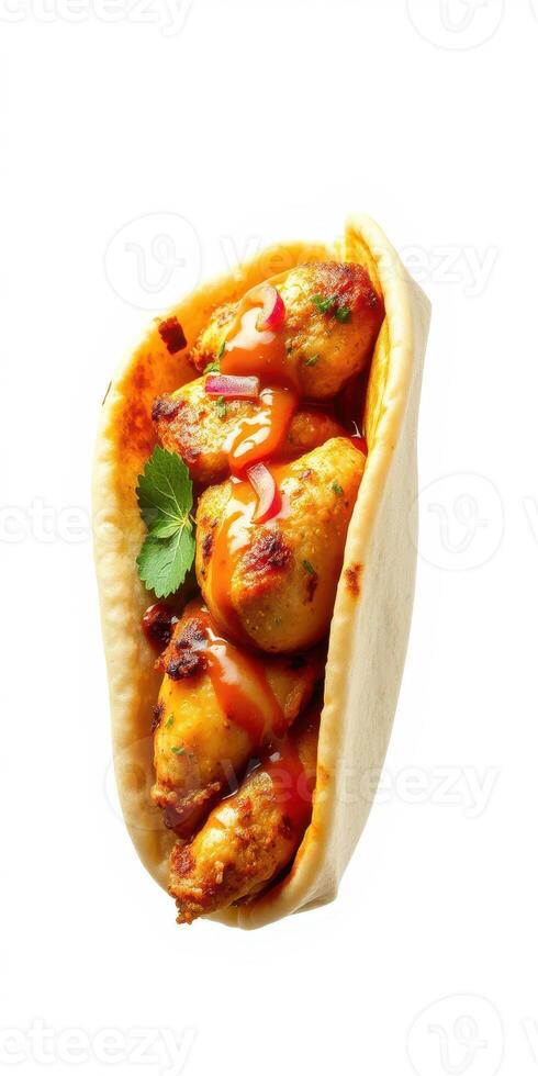 Delicious stuffed flatbread filled with savory meatballs topped with sauce and fresh herbs served on a clean white background photo
