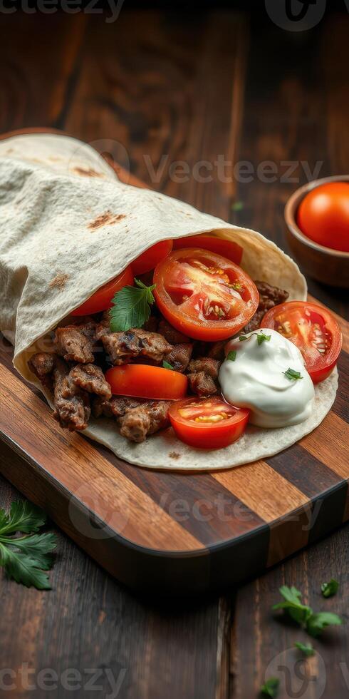 Delicious wrap filled with seasoned meat, fresh tomatoes, and creamy sauce on a wooden board photo