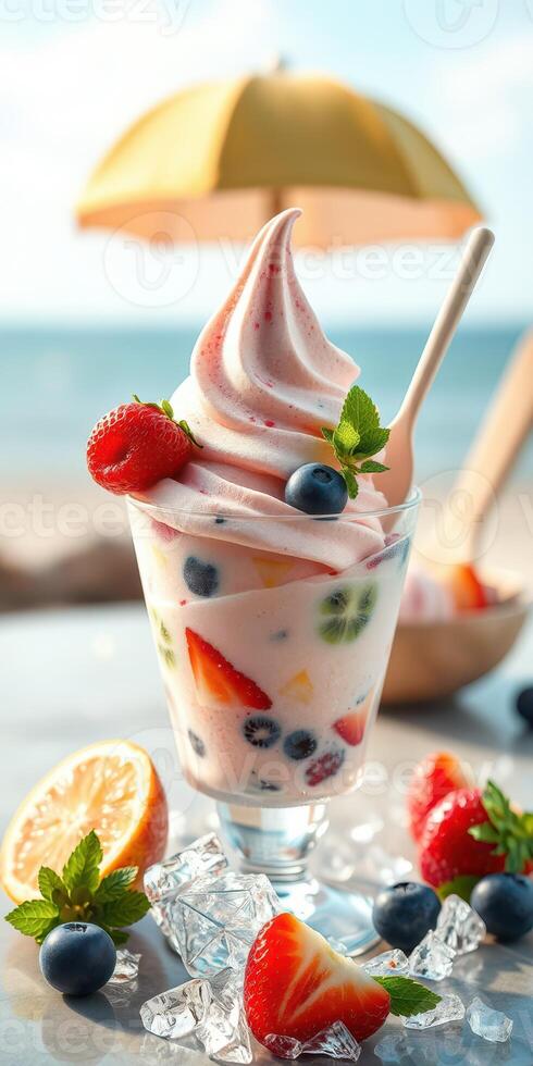 Refreshing soft serve dessert with fruits by the beach on a sunny day photo
