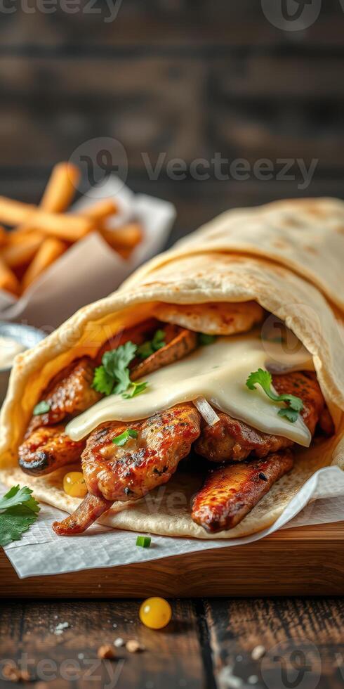 Tasty grilled chicken wrap served with crispy fries in a cozy dining setting photo