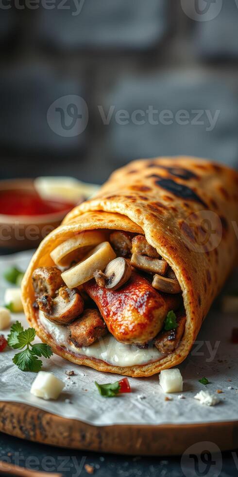 Delicious wrap filled with grilled chicken, mushrooms, and cheese served with spicy sauce at a cozy eatery photo