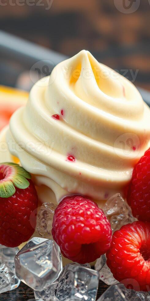Stunning dessert featuring creamy soft serve ice cream topped with fresh raspberries and icy garnish served in a vibrant bowl photo