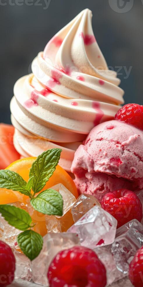 Delicious dessert featuring creamy soft serve, raspberry sorbet, fresh raspberries, and vibrant fruits served in an elegant presentation photo