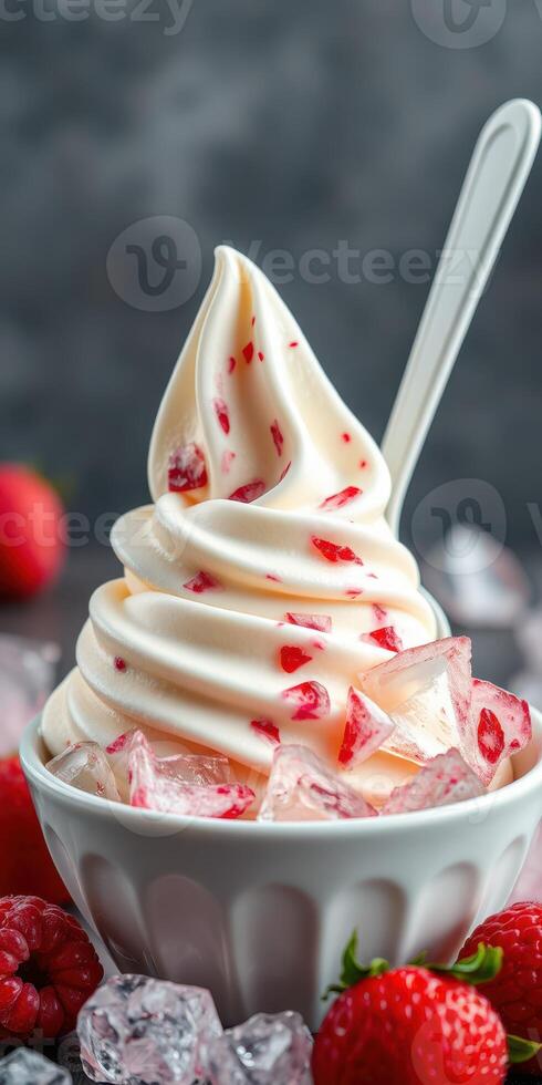 Delicious soft serve ice cream topped with fresh raspberry pieces and served with ice cubes photo