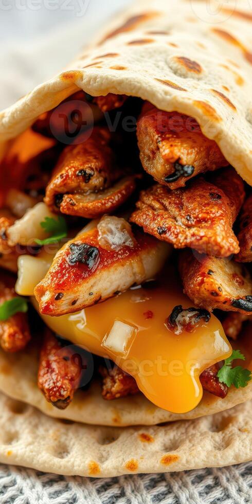 Grilled chicken wrapped in a warm tortilla with melted cheese and spices ready to be enjoyed photo