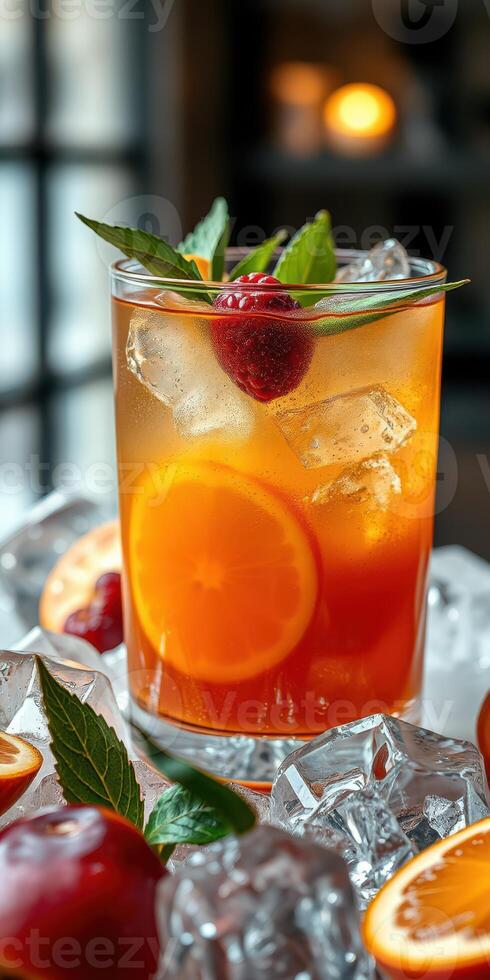 Refreshing summer beverage with citrus and mint garnishes served on ice photo