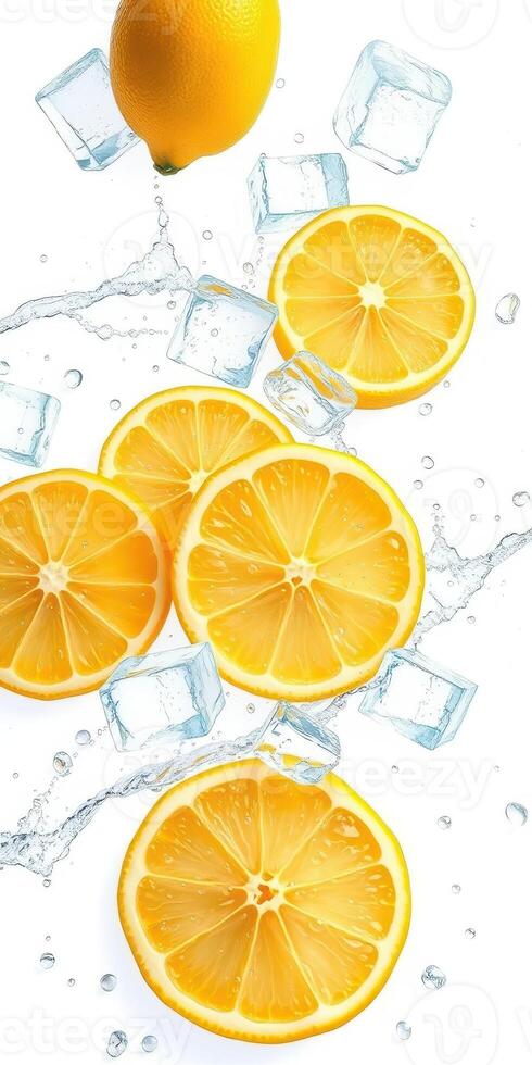 Fresh lemon slices and ice cubes create a refreshing splash in cool water photo
