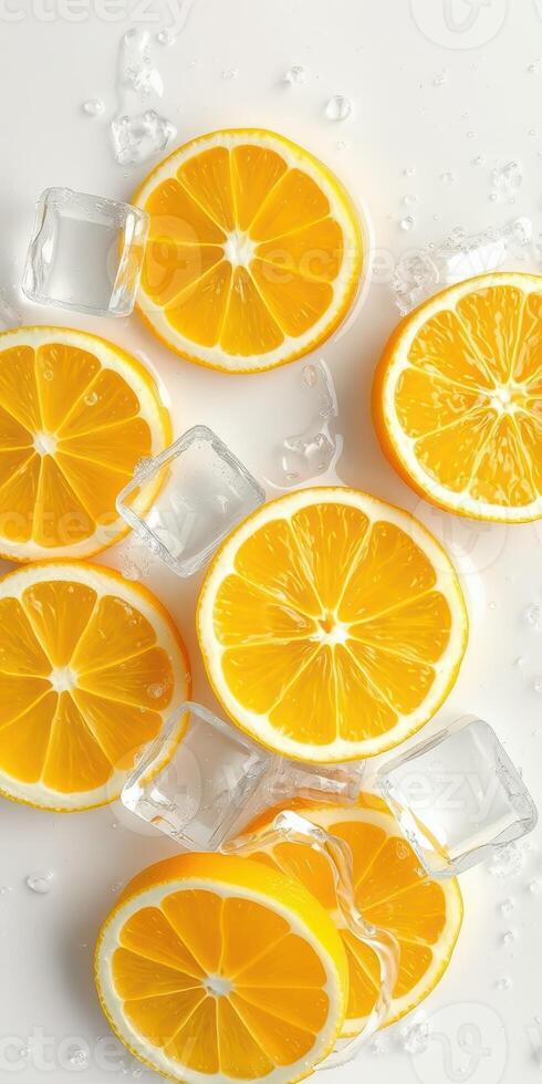 Freshly sliced oranges and ice cubes arranged creatively on a white surface photo