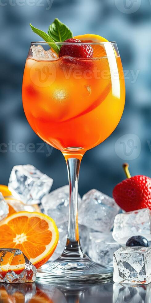 Refreshing cocktail served with citrus fruits and ice on a stylish surface photo