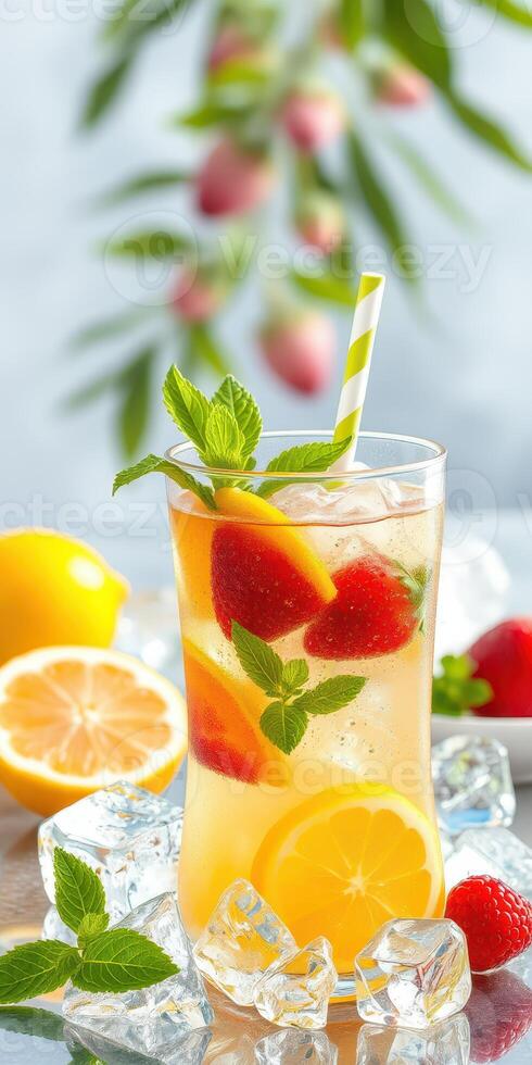 Refreshing summer drink with strawberries and citrus fruits served over ice outdoors photo