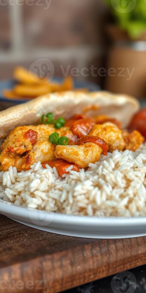 Delicious plate of chicken in sauce served with rice and fresh vegetables photo