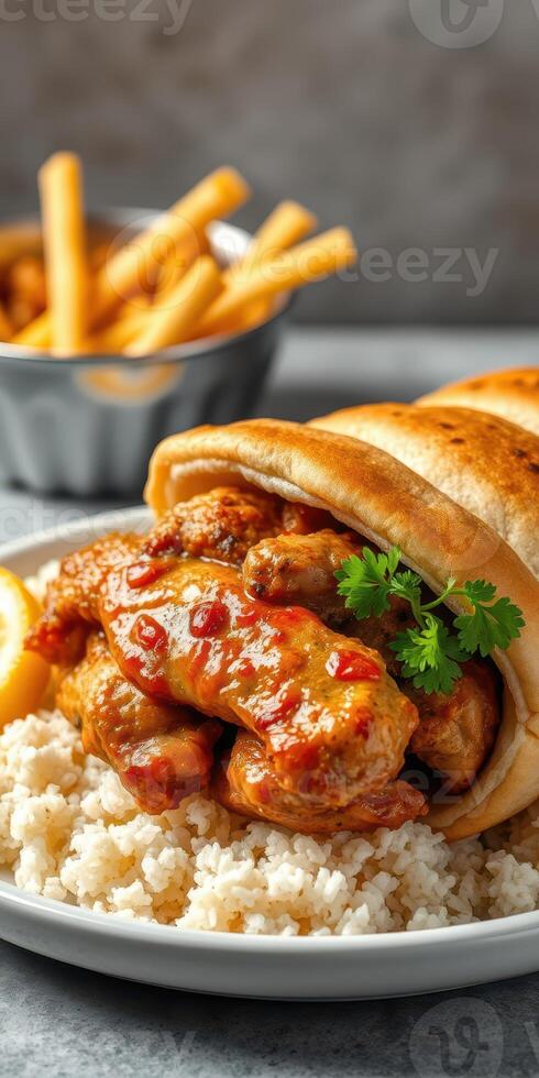 Delicious chicken wings served with rice and fries in a cozy setting for a satisfying meal experience photo
