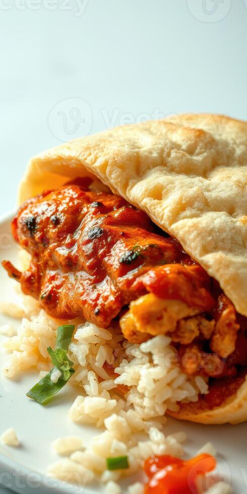 Savory chicken wrapped in soft bread served with fluffy rice on a plate photo
