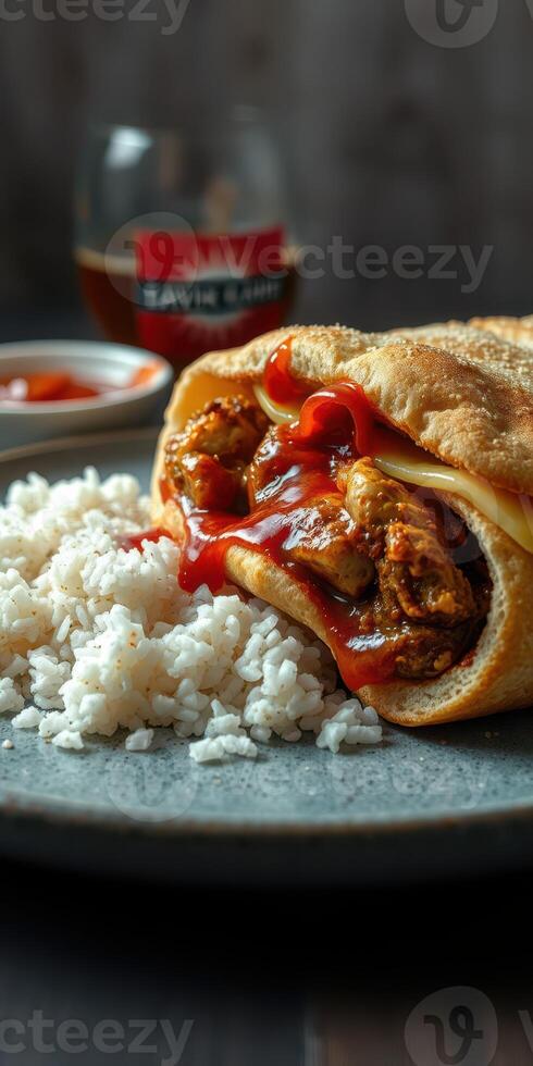 Delicious sandwich filled with seasoned meat and rice served on a plate with sauce in a cozy setting photo