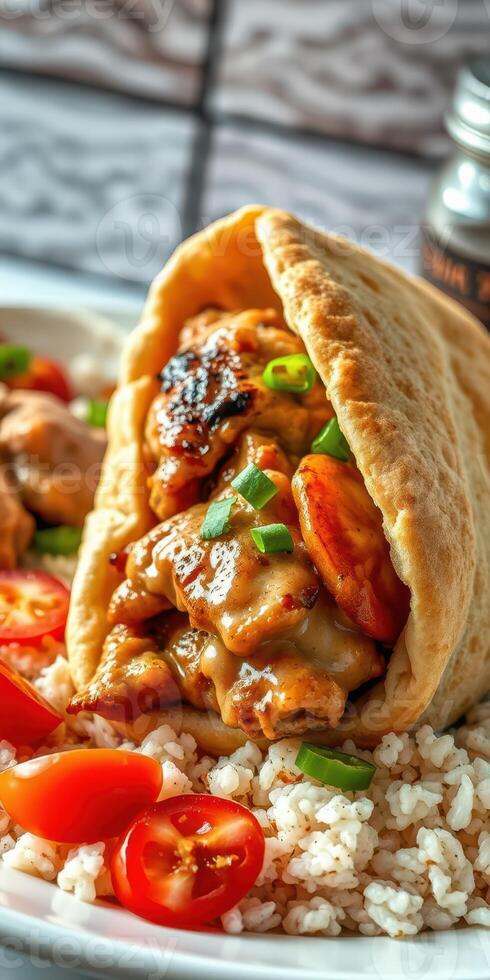 Delicious wrap filled with grilled chicken, vegetables, and savory sauce served with rice and fresh tomatoes photo
