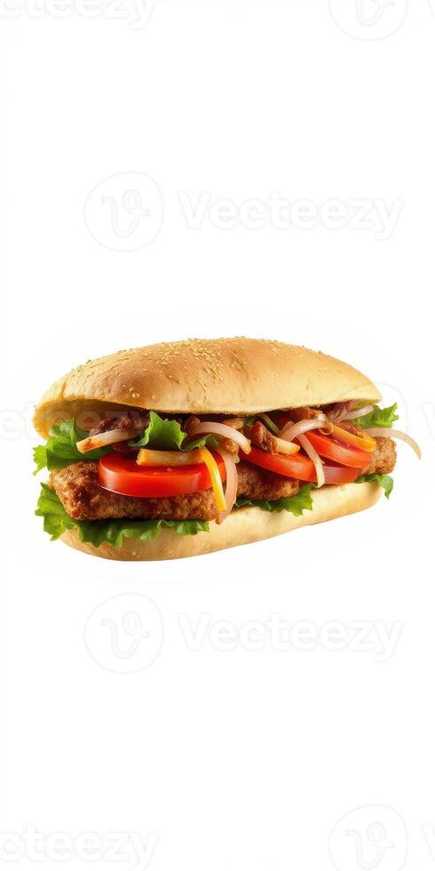 Savory sandwich with crispy chicken, fresh vegetables, and a sesame seed bun ready to delight taste buds photo
