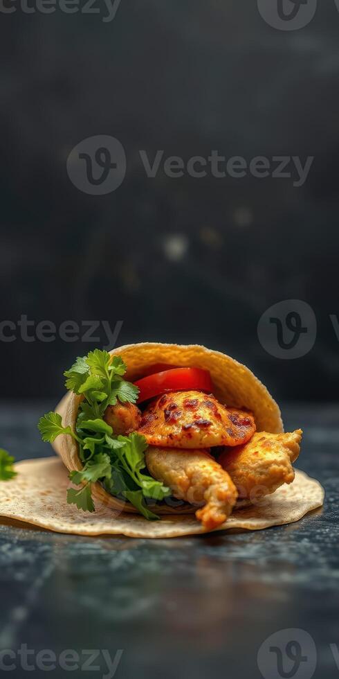 Delicious wrap filled with grilled chicken, fresh vegetables, and cilantro garnished on a dark surface photo
