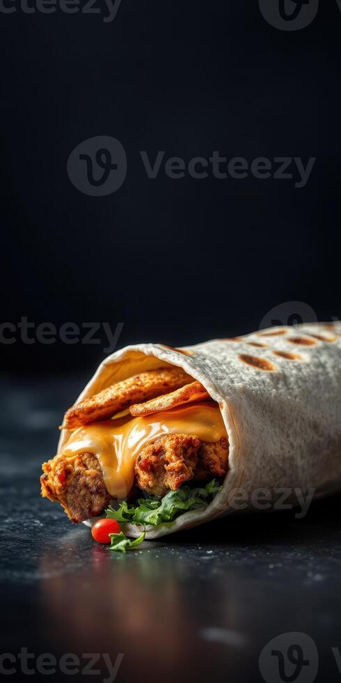 Delightful crispy chicken wrap with melted cheese and fresh vegetables served on a dark background photo