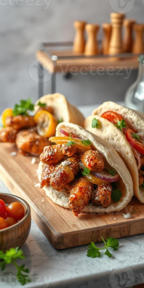 Delicious pita wraps filled with grilled chicken, fresh vegetables, and flavorful sauce on a wooden cutting board photo