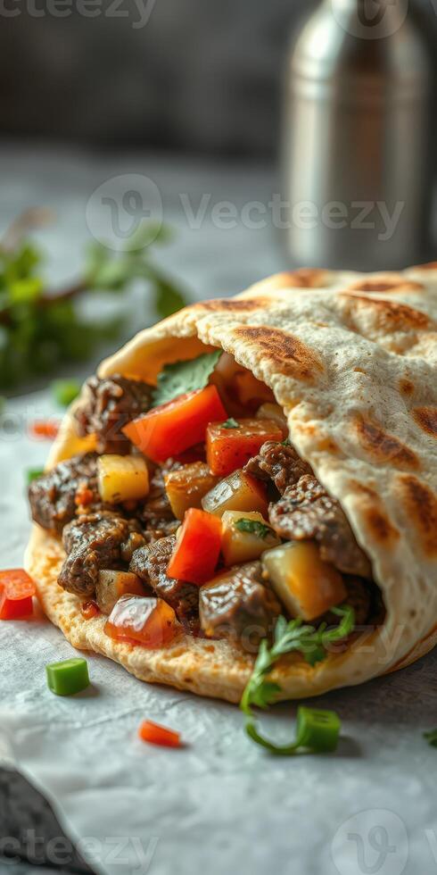 Delicious flatbread wrap filled with seasoned beef, diced vegetables, and fresh herbs on a wooden table photo