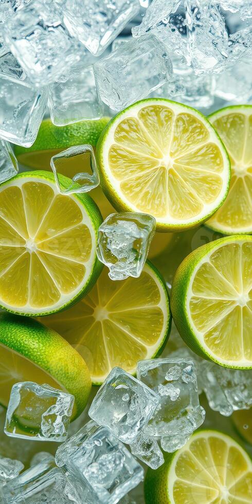 Freshly sliced limes surrounded by ice cubes ready for summer drinks photo
