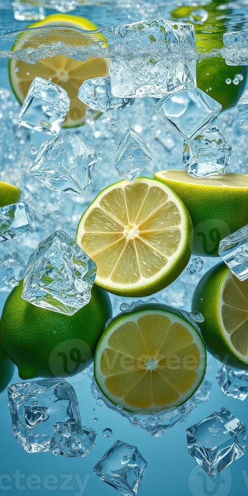Fresh limes and ice cubes create a refreshing splash in cool water photo