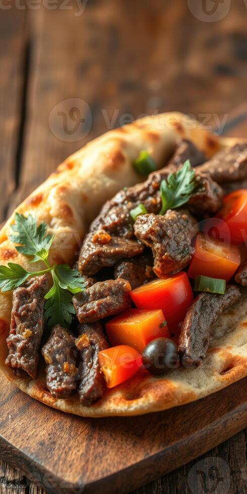 Delicious grilled steak served on warm flatbread with vegetables and herbs for a tasty meal experience photo