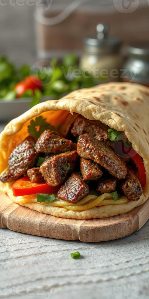 Delicious grilled meat wrapped in pita with fresh vegetables and herbs served on a wooden board photo