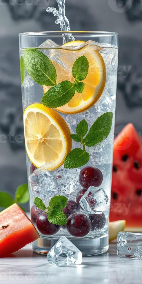 Refreshing summer drink with fresh fruits and mint in a clear glass photo